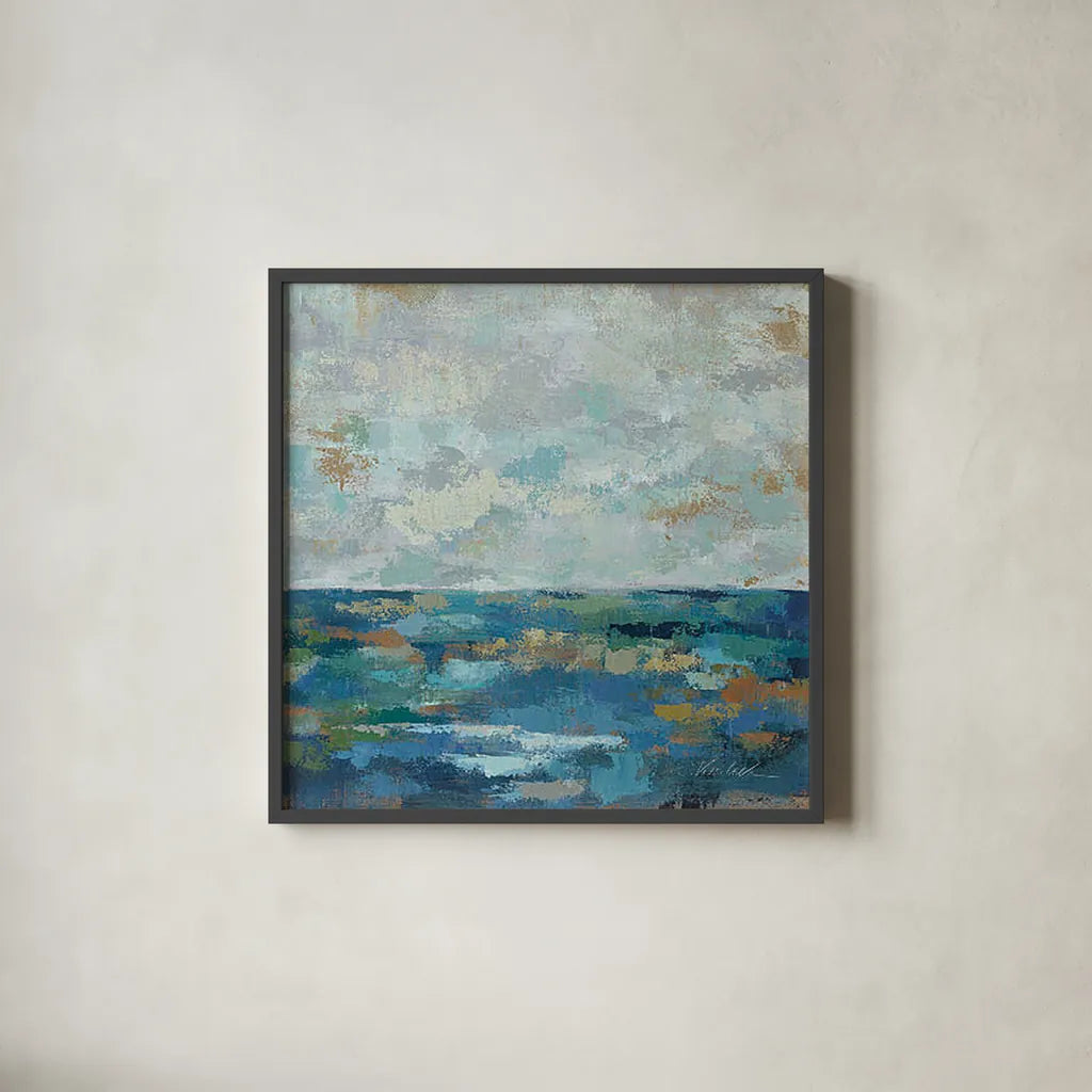Seascape Sketches I by Silvia Vassileva. Shown in a sleek black glass frame for a contemporary gallery look. Available as an archival giclee rolled canvas, fine art paper, or poster print. SKU 14173a.