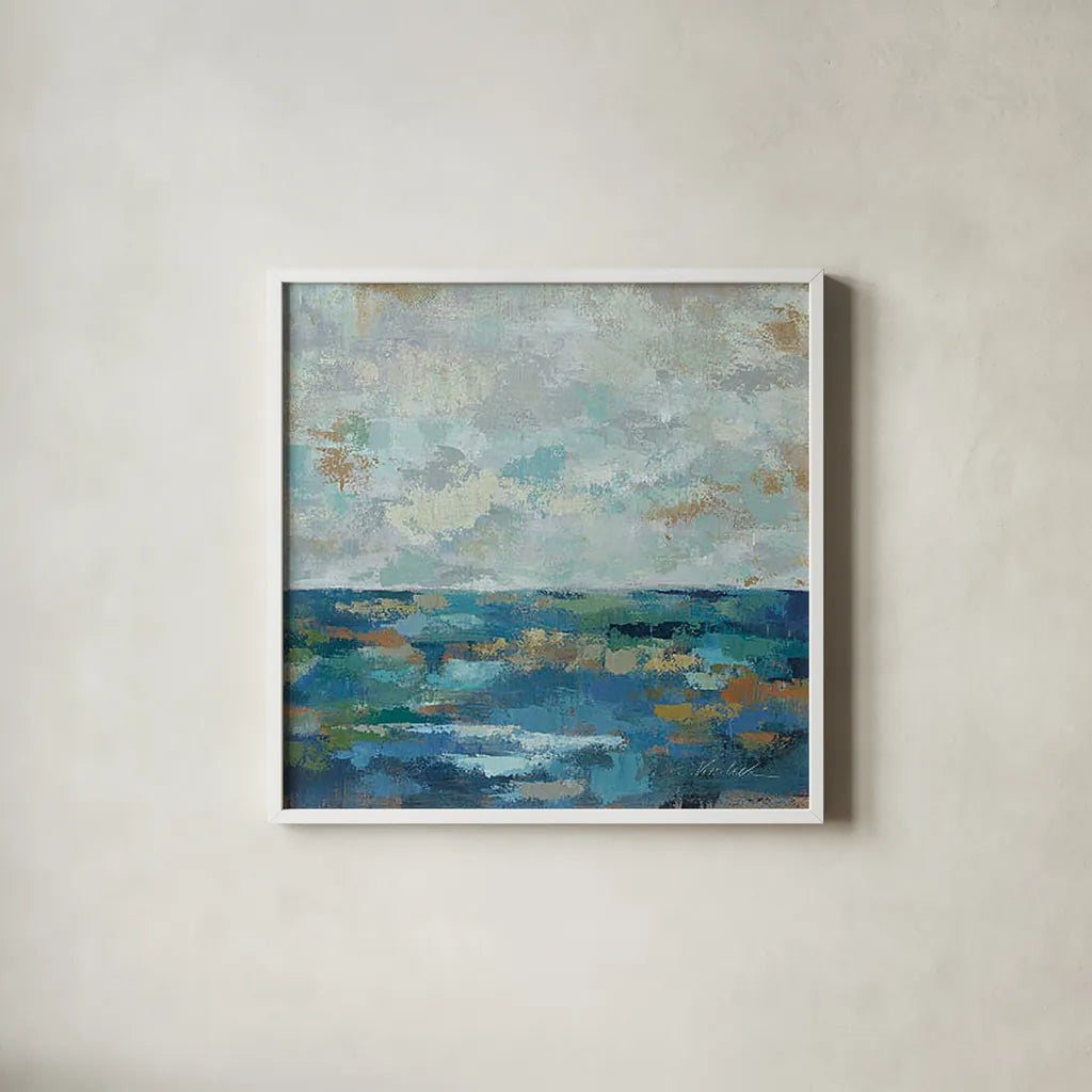 Seascape Sketches I by Silvia Vassileva. Shown in a crisp white glass frame for a clean and minimalist style. Available as an archival giclee rolled canvas, fine art paper, or poster print. SKU 14173a.
