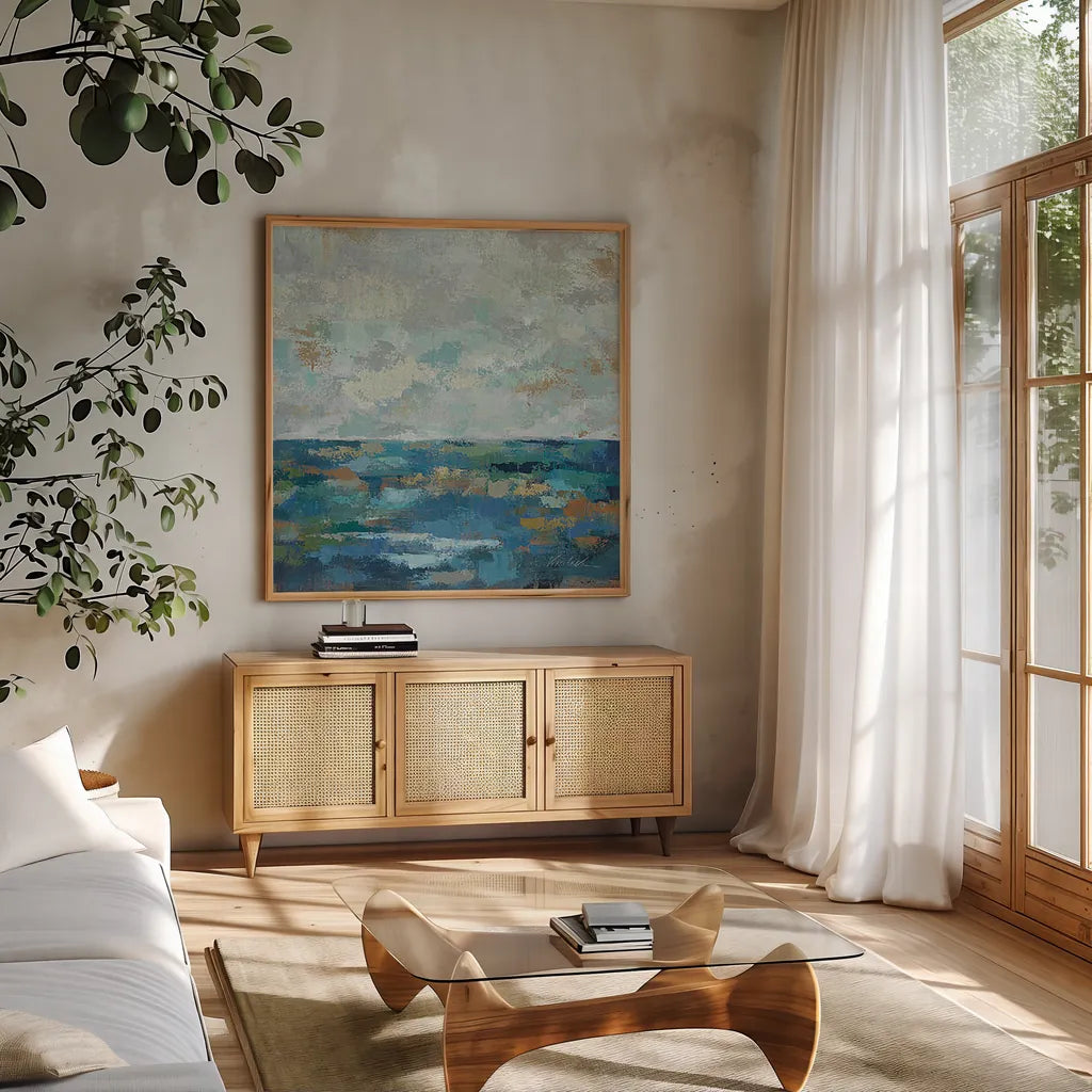 Seascape Sketches I by Silvia Vassileva. Shown in a natural wood frame in a cozy modern living room. Available as an archival giclee rolled canvas, fine art paper, or poster print. SKU 14173a.