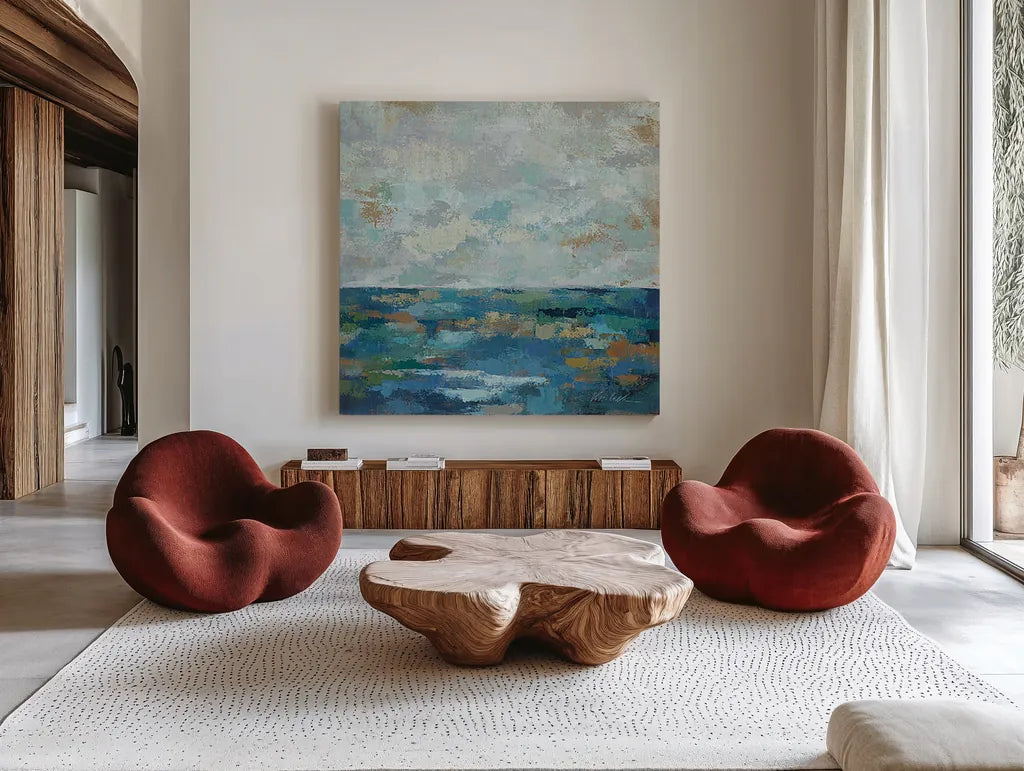 Seascape Sketches I by Silvia Vassileva. Shown as extra-large giant wall art in a modern living room. Available as an archival giclee rolled canvas, fine art paper, or poster print. SKU 14173a.