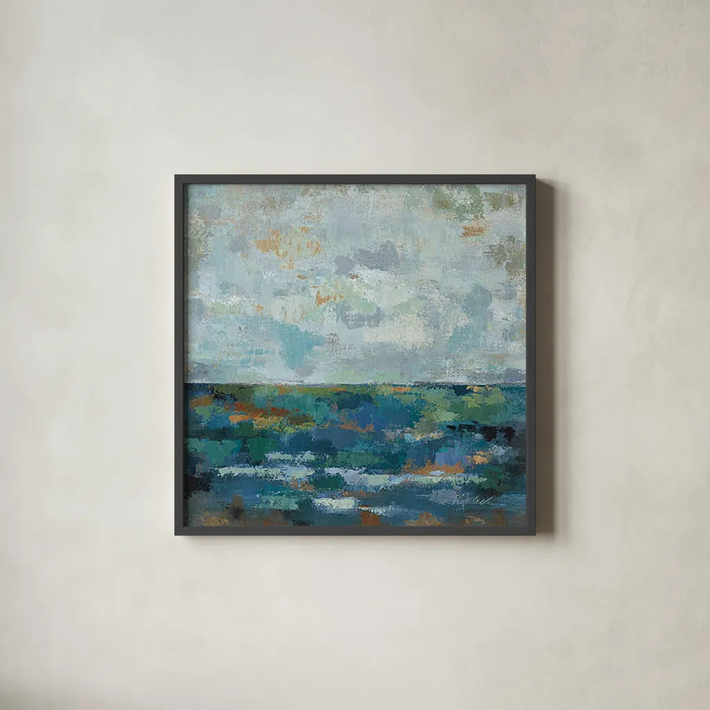 Seascape Sketches II by Silvia Vassileva. Shown in a sleek black glass frame for a contemporary gallery look. Available as an archival giclee rolled canvas, fine art paper, or poster print. SKU 14174a.