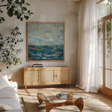 Seascape Sketches II by Silvia Vassileva. Shown in a natural wood frame in a cozy modern living room. Available as an archival giclee rolled canvas, fine art paper, or poster print. SKU 14174a.