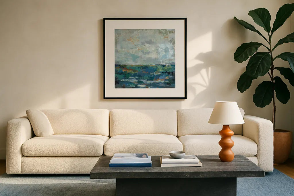Seascape Sketches II by Silvia Vassileva. Displayed in a glass frame with matte in a clean modern living room. Available as an archival giclee rolled canvas, fine art paper, or poster print. SKU 14174a.