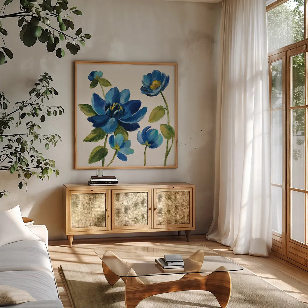 Seaside Garden I by Silvia Vassileva. Shown in a natural wood frame in a cozy modern living room. Available as an archival giclee rolled canvas, fine art paper, or poster print. SKU 30154a.