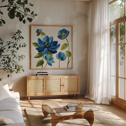 Seaside Garden I by Silvia Vassileva. Shown in a natural wood frame in a cozy modern living room. Available as an archival giclee rolled canvas, fine art paper, or poster print. SKU 30154a.