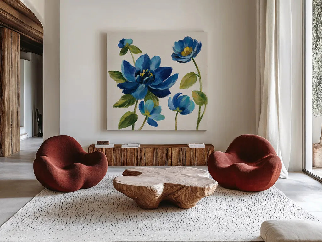 Seaside Garden I by Silvia Vassileva. Shown as extra-large giant wall art in a modern living room. Available as an archival giclee rolled canvas, fine art paper, or poster print. SKU 30154a.