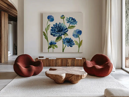 Seaside Garden II by Silvia Vassileva. Shown as extra-large giant wall art in a modern living room. Available as an archival giclee rolled canvas, fine art paper, or poster print. SKU 30155a.