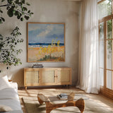 Seaside I by Silvia Vassileva. Shown in a natural wood frame in a cozy modern living room. Available as an archival giclee rolled canvas, fine art paper, or poster print. SKU 91543a.
