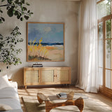 Seaside II by Silvia Vassileva. Shown in a natural wood frame in a cozy modern living room. Available as an archival giclee rolled canvas, fine art paper, or poster print. SKU 91544a.