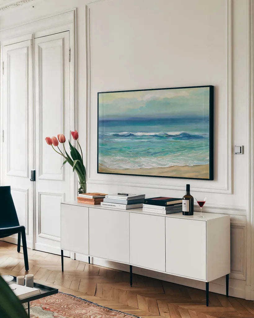 Seaside Sunrise by Silvia Vassileva. shown as a framed stretched canvas in a living room above a console. Available as a archival giclee rolled canvas, fine art paper, or poster print. SKU 67010i.