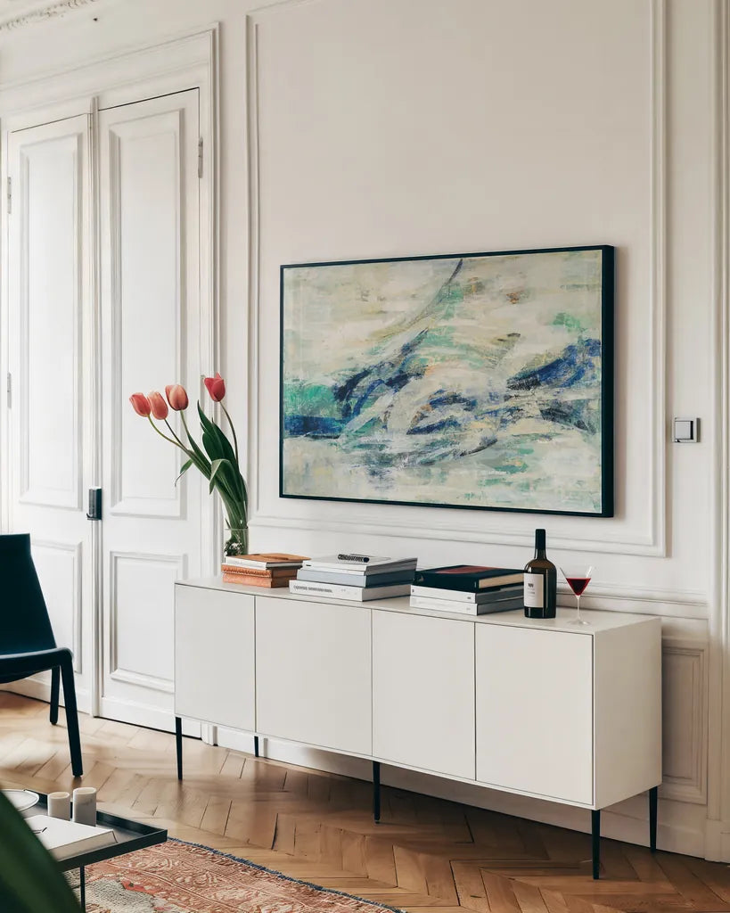 Seawave by Silvia Vassileva. shown as a framed stretched canvas in a living room above a console. Available as a archival giclee rolled canvas, fine art paper, or poster print. SKU 28117i.