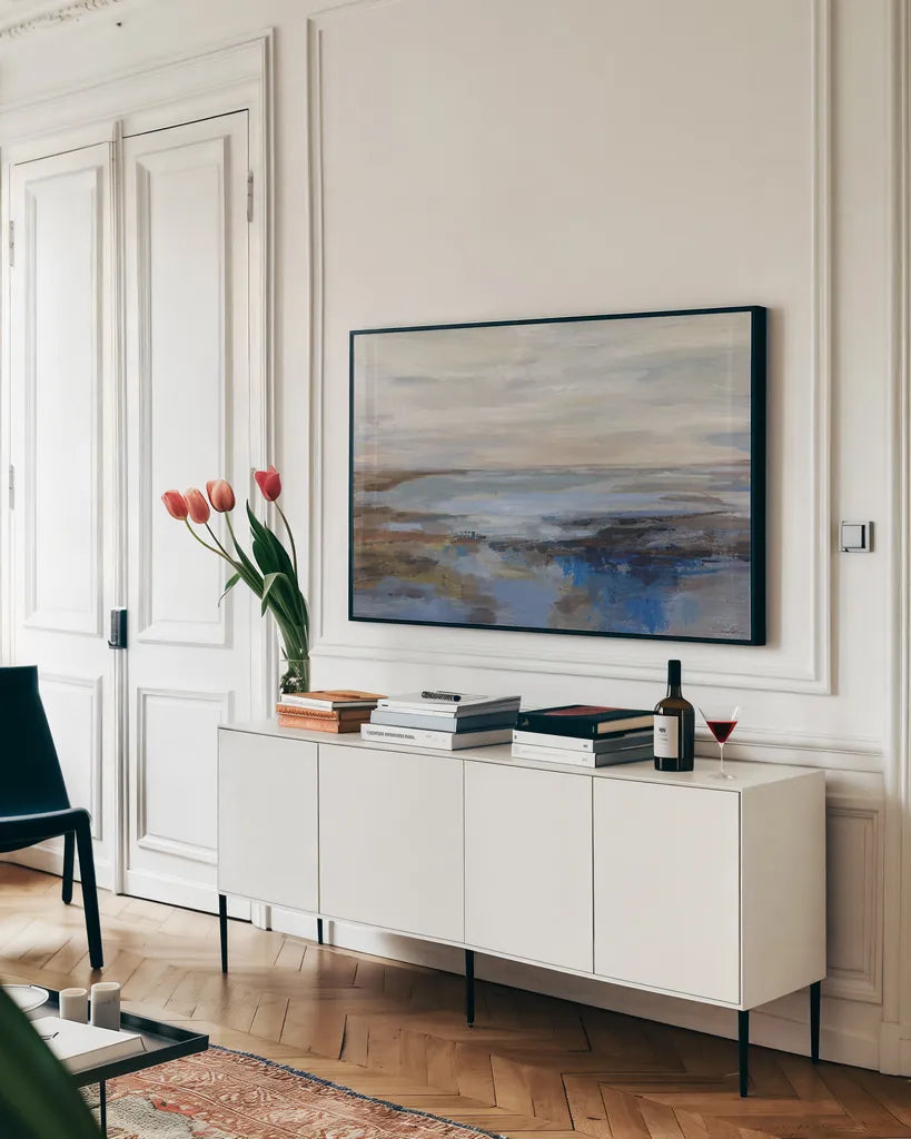 Serene Sea by Silvia Vassileva. shown as a framed stretched canvas in a living room above a console. Available as a archival giclee rolled canvas, fine art paper, or poster print. SKU 99709i.