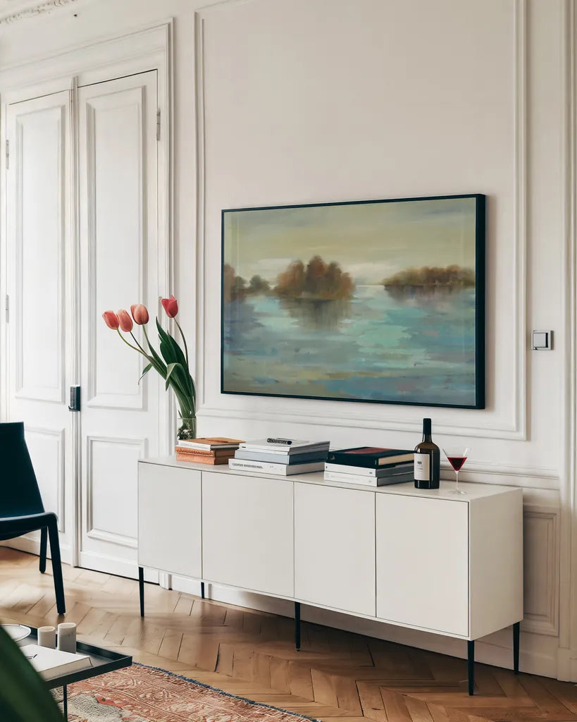 Serenity on the River Crop by Silvia Vassileva. shown as a framed stretched canvas in a living room above a console. Available as a archival giclee rolled canvas, fine art paper, or poster print. SKU 2882i.