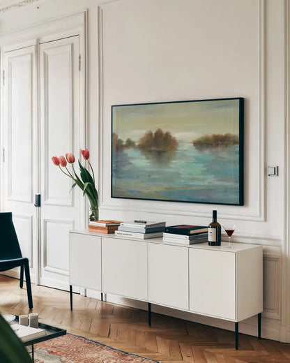 Serenity on the River Crop by Silvia Vassileva. shown as a framed stretched canvas in a living room above a console. Available as a archival giclee rolled canvas, fine art paper, or poster print. SKU 2882i.