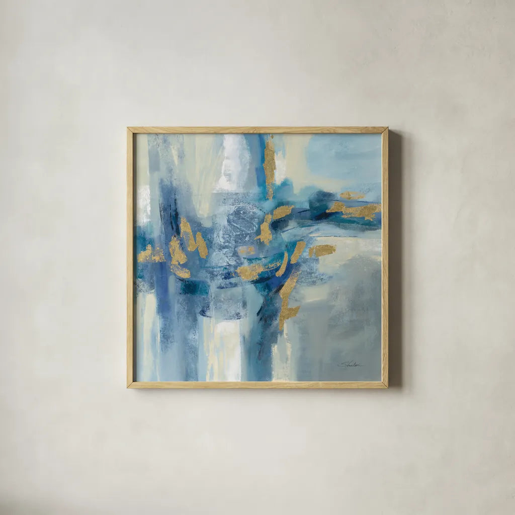 Shimmering Creek by Silvia Vassileva. Shown in a natural wood glass frame for a timeless modern aesthetic. Available as an archival giclee rolled canvas, fine art paper, or poster print. SKU 77109a.