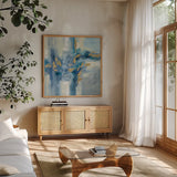 Shimmering Creek by Silvia Vassileva. Shown in a natural wood frame in a cozy modern living room. Available as an archival giclee rolled canvas, fine art paper, or poster print. SKU 77109a.