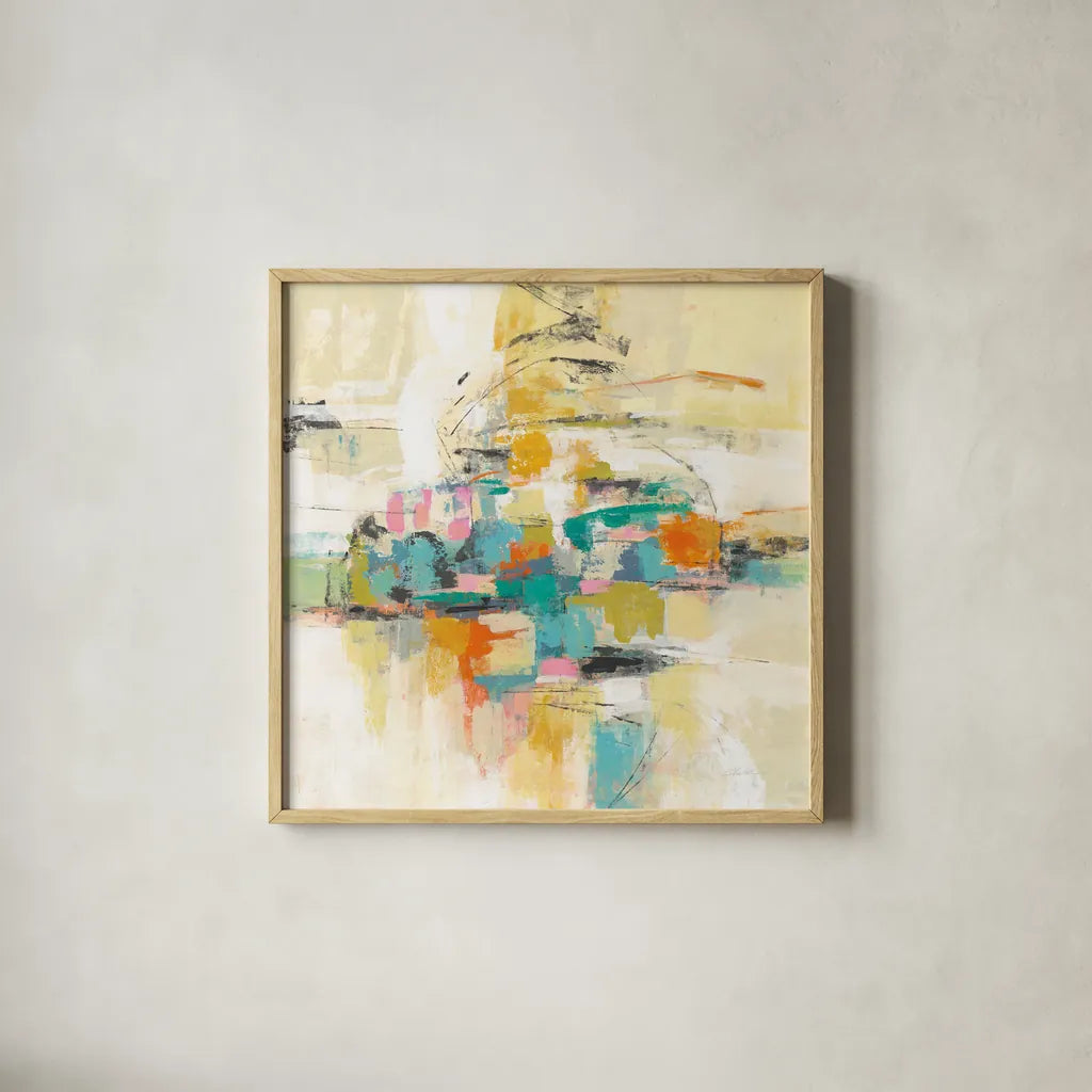 Silk Road Journey by Silvia Vassileva. Shown in a natural wood glass frame for a timeless modern aesthetic. Available as an archival giclee rolled canvas, fine art paper, or poster print. SKU 65605a.