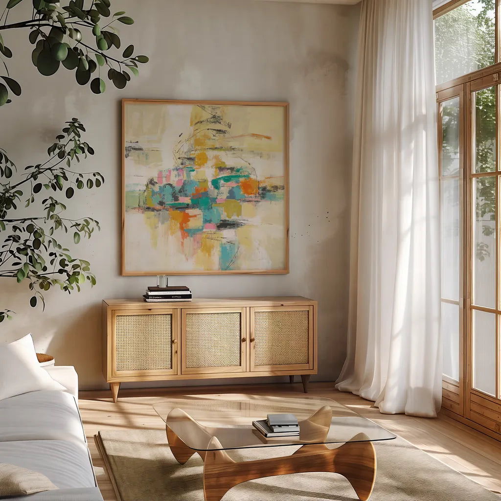 Silk Road Journey by Silvia Vassileva. Shown in a natural wood frame in a cozy modern living room. Available as an archival giclee rolled canvas, fine art paper, or poster print. SKU 65605a.