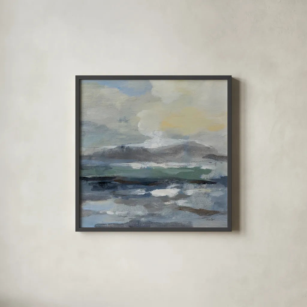 Silver Lagoon I by Silvia Vassileva. Shown in a sleek black glass frame for a contemporary gallery look. Available as an archival giclee rolled canvas, fine art paper, or poster print. SKU 84526a.