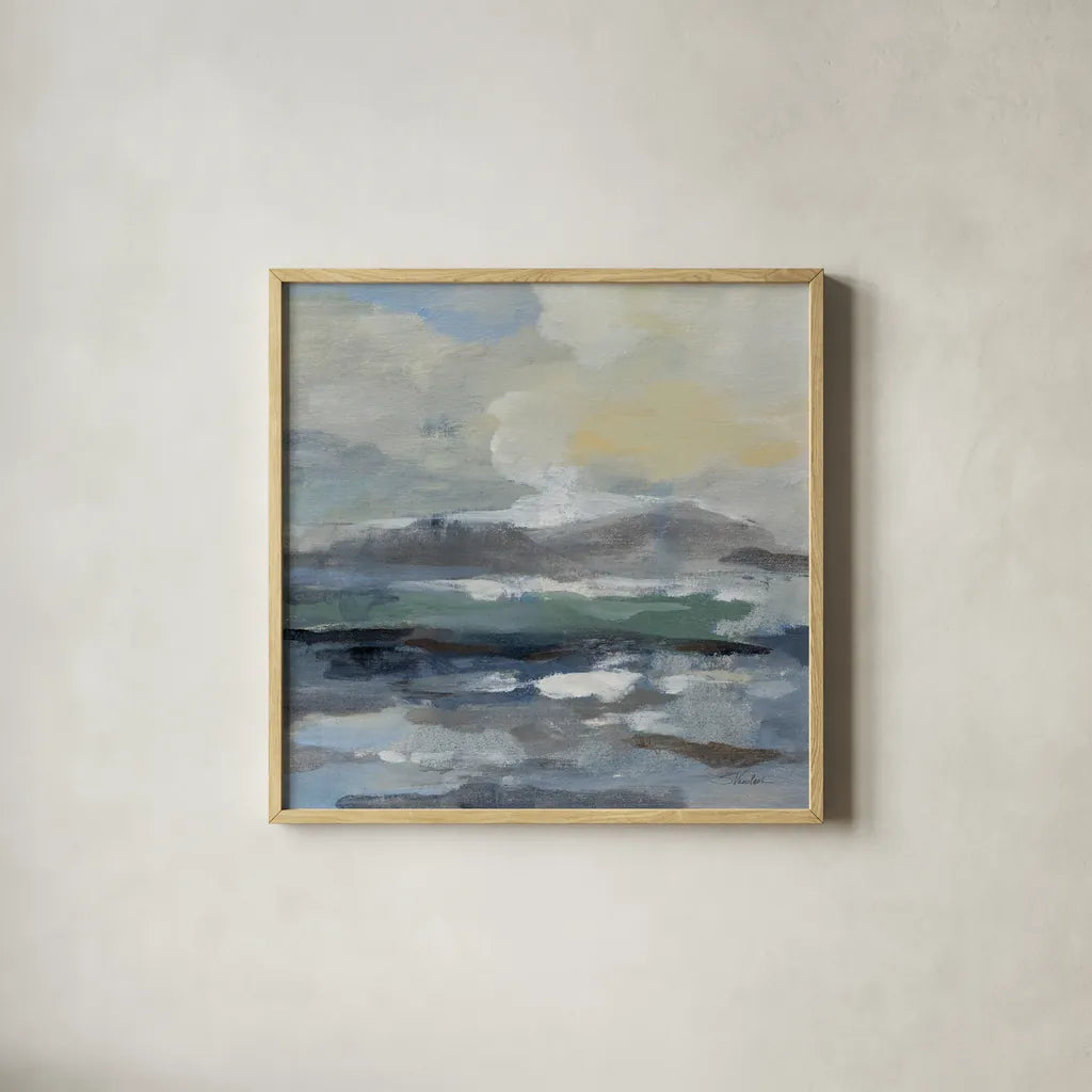 Silver Lagoon I by Silvia Vassileva. Shown in a natural wood glass frame for a timeless modern aesthetic. Available as an archival giclee rolled canvas, fine art paper, or poster print. SKU 84526a.