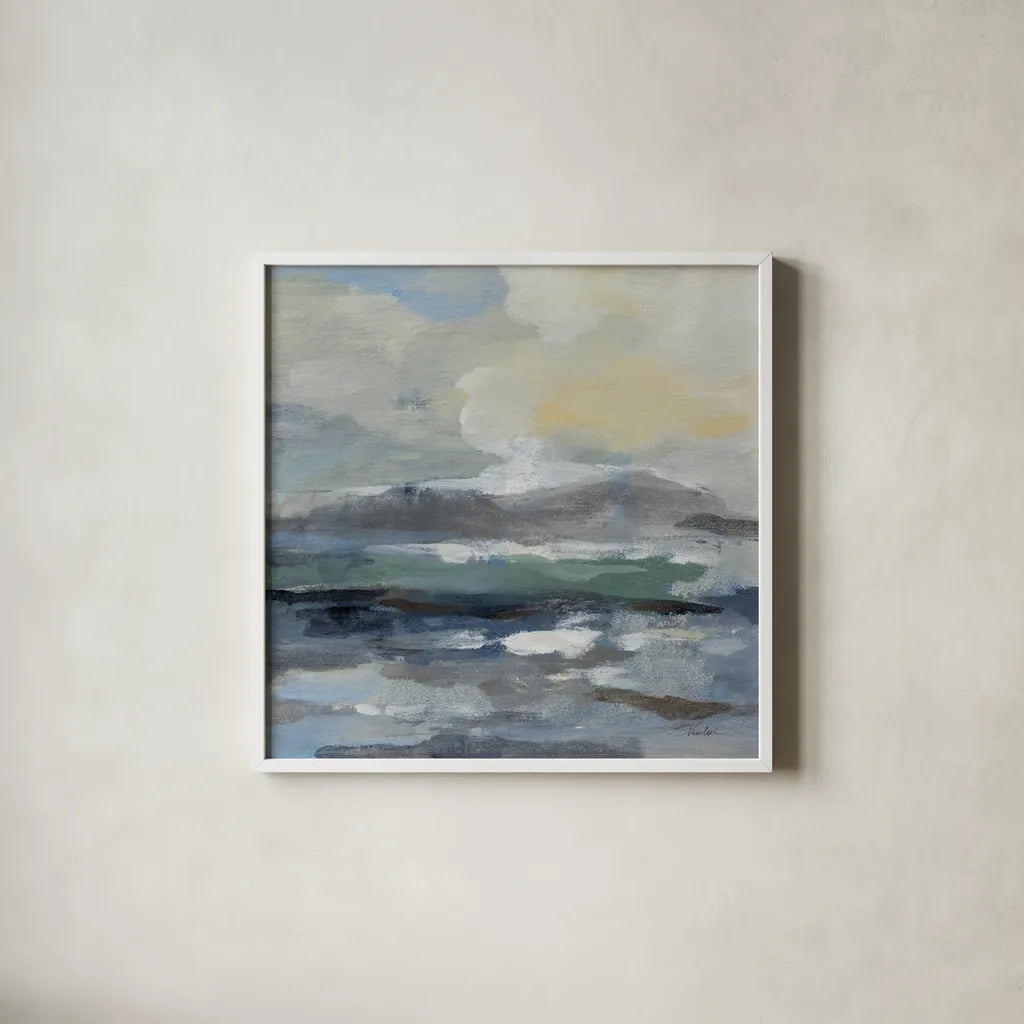 Silver Lagoon I by Silvia Vassileva. Shown in a crisp white glass frame for a clean and minimalist style. Available as an archival giclee rolled canvas, fine art paper, or poster print. SKU 84526a.