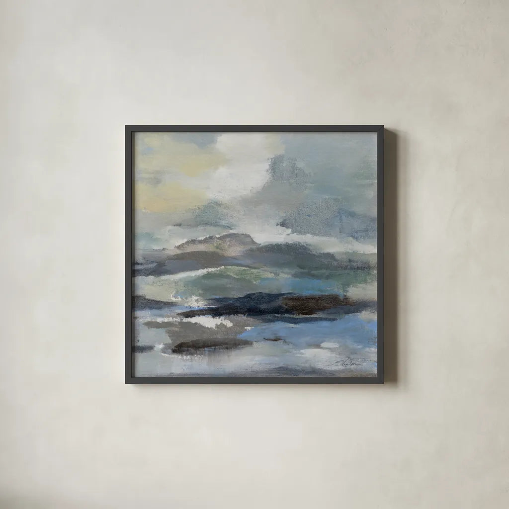 Silver Lagoon II by Silvia Vassileva. Shown in a sleek black glass frame for a contemporary gallery look. Available as an archival giclee rolled canvas, fine art paper, or poster print. SKU 84527a.