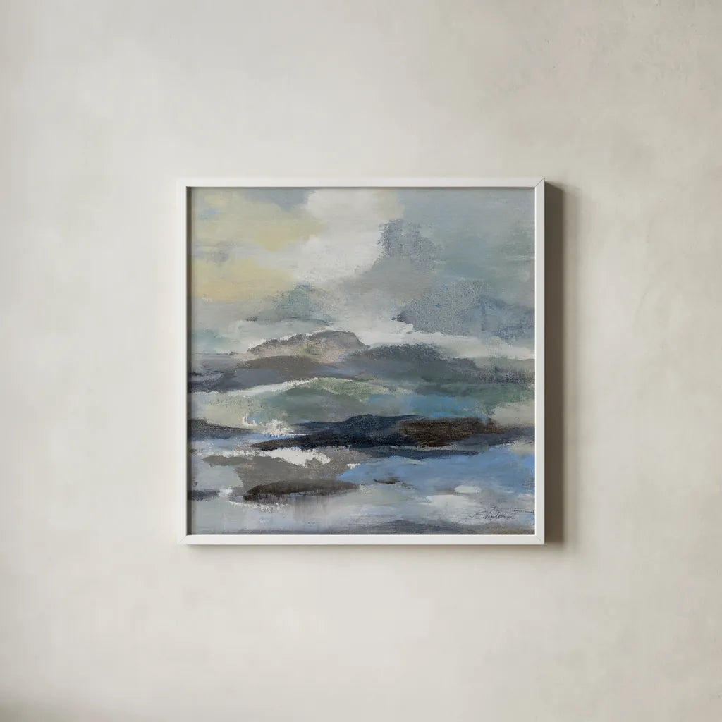 Silver Lagoon II by Silvia Vassileva. Shown in a crisp white glass frame for a clean and minimalist style. Available as an archival giclee rolled canvas, fine art paper, or poster print. SKU 84527a.