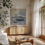 Silver Lagoon II by Silvia Vassileva. Shown in a natural wood frame in a cozy modern living room. Available as an archival giclee rolled canvas, fine art paper, or poster print. SKU 84527a.