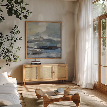 Silver Lagoon II by Silvia Vassileva. Shown in a natural wood frame in a cozy modern living room. Available as an archival giclee rolled canvas, fine art paper, or poster print. SKU 84527a.