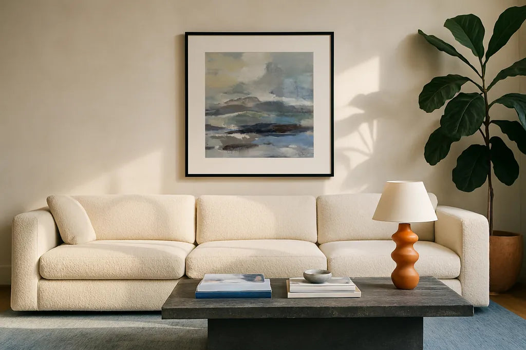Silver Lagoon II by Silvia Vassileva. Displayed in a glass frame with matte in a clean modern living room. Available as an archival giclee rolled canvas, fine art paper, or poster print. SKU 84527a.