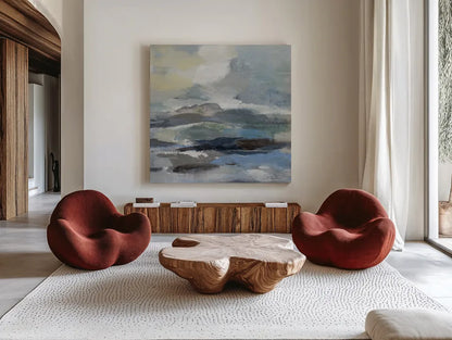 Silver Lagoon II by Silvia Vassileva. Shown as extra-large giant wall art in a modern living room. Available as an archival giclee rolled canvas, fine art paper, or poster print. SKU 84527a.
