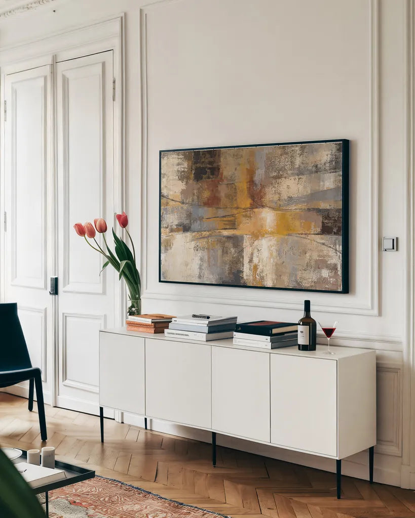 Silver and Amber by Silvia Vassileva. shown as a framed stretched canvas in a living room above a console. Available as a archival giclee rolled canvas, fine art paper, or poster print. SKU 10544i.