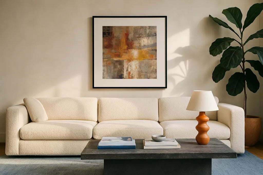 Silver and Amber Crop by Silvia Vassileva. Displayed in a glass frame with matte in a clean modern living room. Available as an archival giclee rolled canvas, fine art paper, or poster print. SKU 15705a.