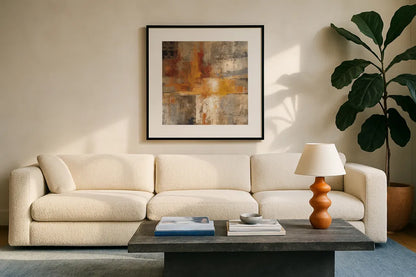 Silver and Amber Crop by Silvia Vassileva. Displayed in a glass frame with matte in a clean modern living room. Available as an archival giclee rolled canvas, fine art paper, or poster print. SKU 15705a.