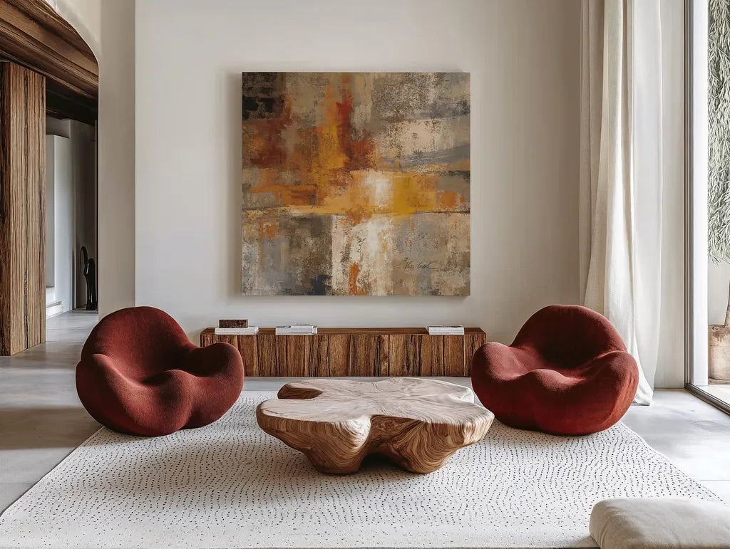 Silver and Amber Crop by Silvia Vassileva. Shown as extra-large giant wall art in a modern living room. Available as an archival giclee rolled canvas, fine art paper, or poster print. SKU 15705a.