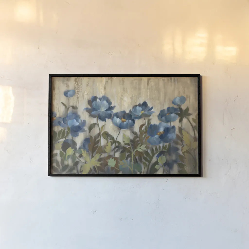 Silver and Sapphire on Cream by Silvia Vassileva. shown as a paper print in a black flame. Available as a archival giclee rolled canvas, fine art paper, or poster print. SKU 10113i.