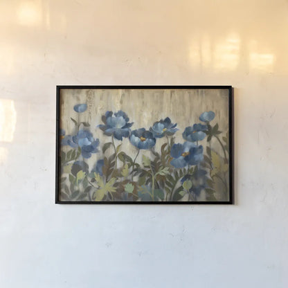 Silver and Sapphire on Cream by Silvia Vassileva. shown as a paper print in a black flame. Available as a archival giclee rolled canvas, fine art paper, or poster print. SKU 10113i.