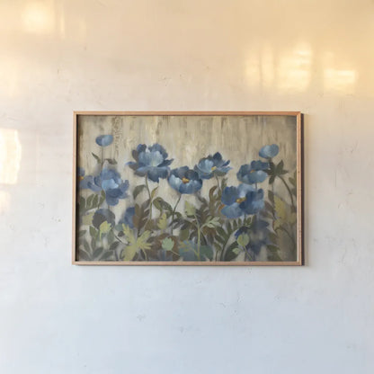 Silver and Sapphire on Cream by Silvia Vassileva. shown as a paper print in a natural frame. Available as a archival giclee rolled canvas, fine art paper, or poster print. SKU 10113i.