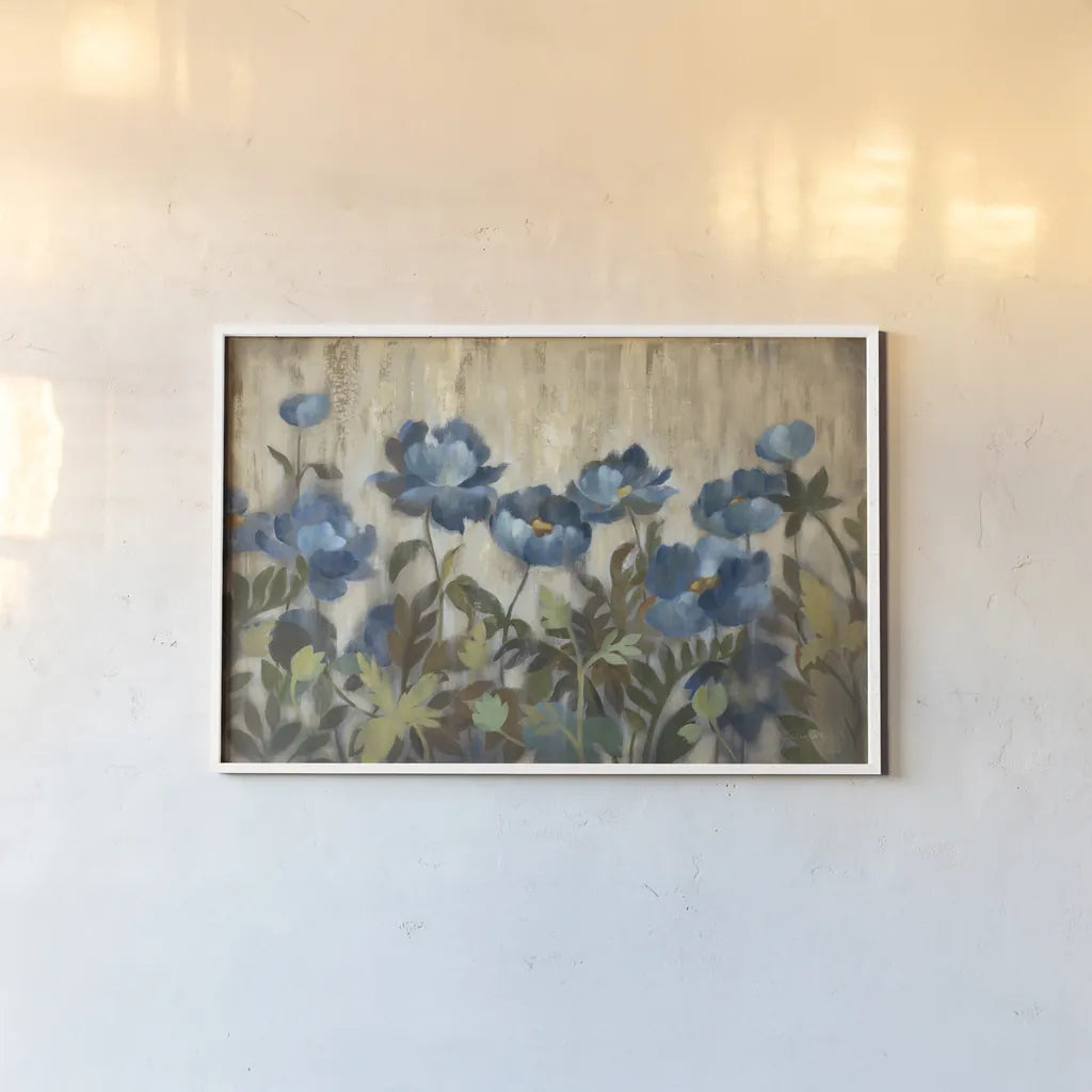 Silver and Sapphire on Cream by Silvia Vassileva. shown as a paper print in a white frame. Available as a archival giclee rolled canvas, fine art paper, or poster print. SKU 10113i.