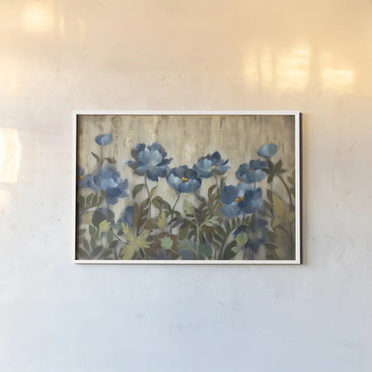 Silver and Sapphire on Cream by Silvia Vassileva. shown as a paper print in a white frame. Available as a archival giclee rolled canvas, fine art paper, or poster print. SKU 10113i.