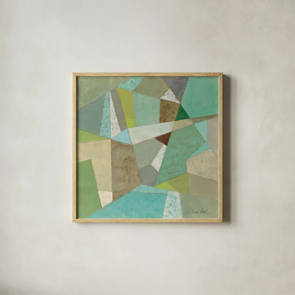 Spa Geo Metric by Silvia Vassileva. Shown in a natural wood glass frame for a timeless modern aesthetic. Available as an archival giclee rolled canvas, fine art paper, or poster print. SKU 23835a.