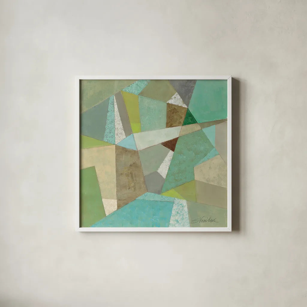 Spa Geo Metric by Silvia Vassileva. Shown in a crisp white glass frame for a clean and minimalist style. Available as an archival giclee rolled canvas, fine art paper, or poster print. SKU 23835a.