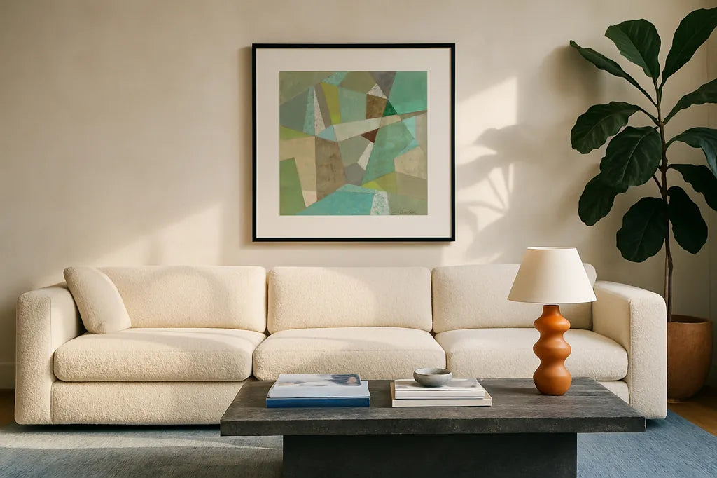 Spa Geo Metric by Silvia Vassileva. Displayed in a glass frame with matte in a clean modern living room. Available as an archival giclee rolled canvas, fine art paper, or poster print. SKU 23835a.
