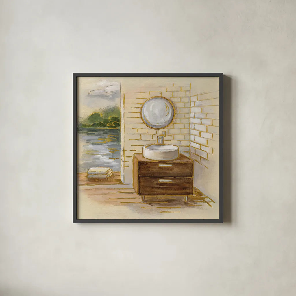 Spa by the Lake I by Silvia Vassileva. Shown in a sleek black glass frame for a contemporary gallery look. Available as an archival giclee rolled canvas, fine art paper, or poster print. SKU 65832a.
