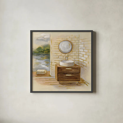 Spa by the Lake I by Silvia Vassileva. Shown in a sleek black glass frame for a contemporary gallery look. Available as an archival giclee rolled canvas, fine art paper, or poster print. SKU 65832a.