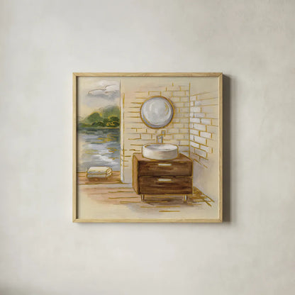 Spa by the Lake I by Silvia Vassileva. Shown in a natural wood glass frame for a timeless modern aesthetic. Available as an archival giclee rolled canvas, fine art paper, or poster print. SKU 65832a.