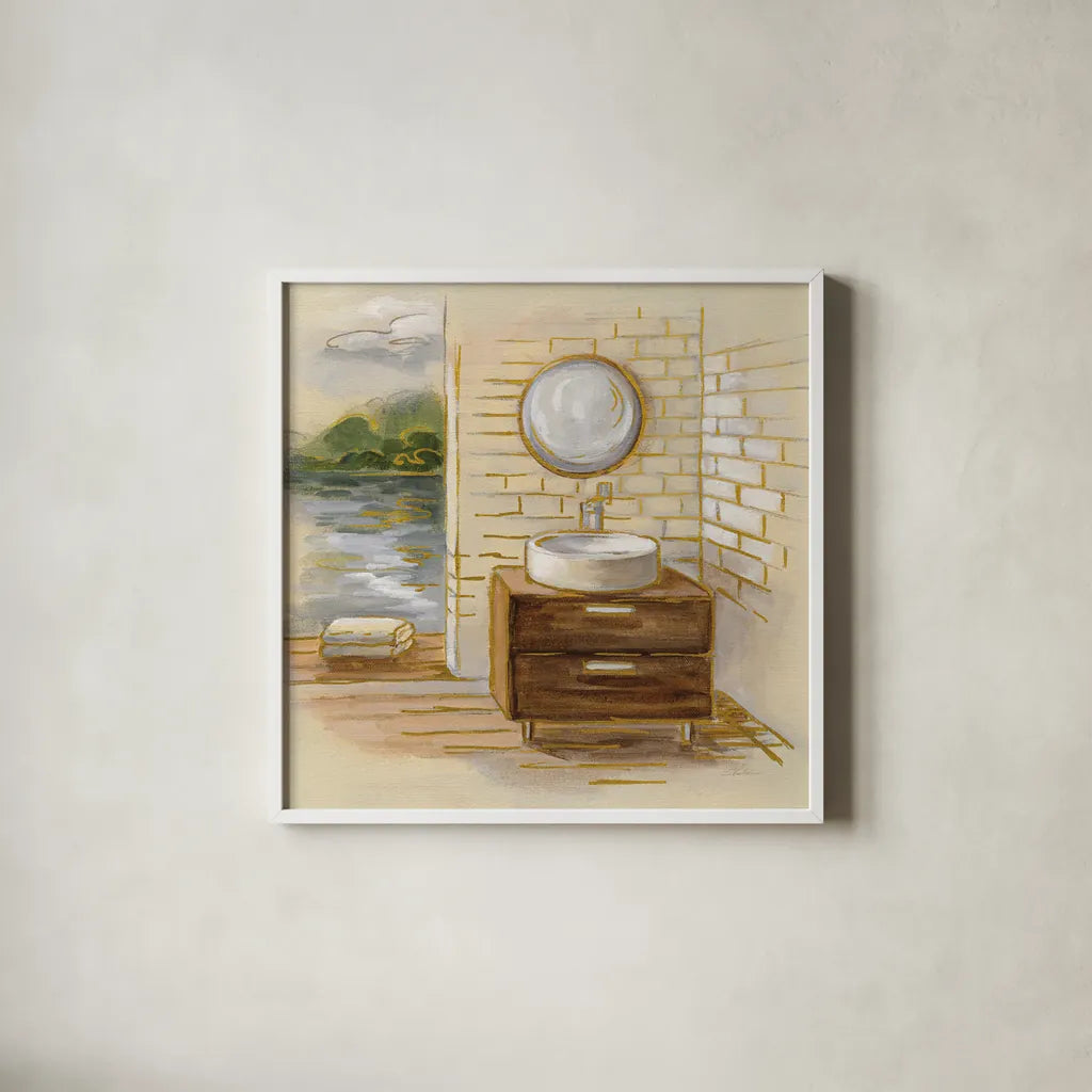 Spa by the Lake I by Silvia Vassileva. Shown in a crisp white glass frame for a clean and minimalist style. Available as an archival giclee rolled canvas, fine art paper, or poster print. SKU 65832a.