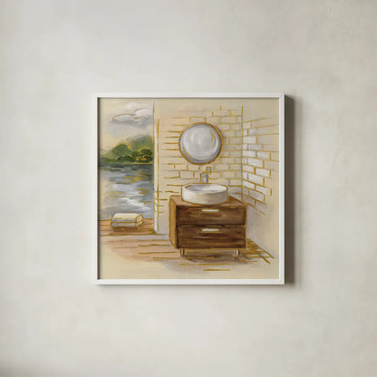 Spa by the Lake I by Silvia Vassileva. Shown in a crisp white glass frame for a clean and minimalist style. Available as an archival giclee rolled canvas, fine art paper, or poster print. SKU 65832a.