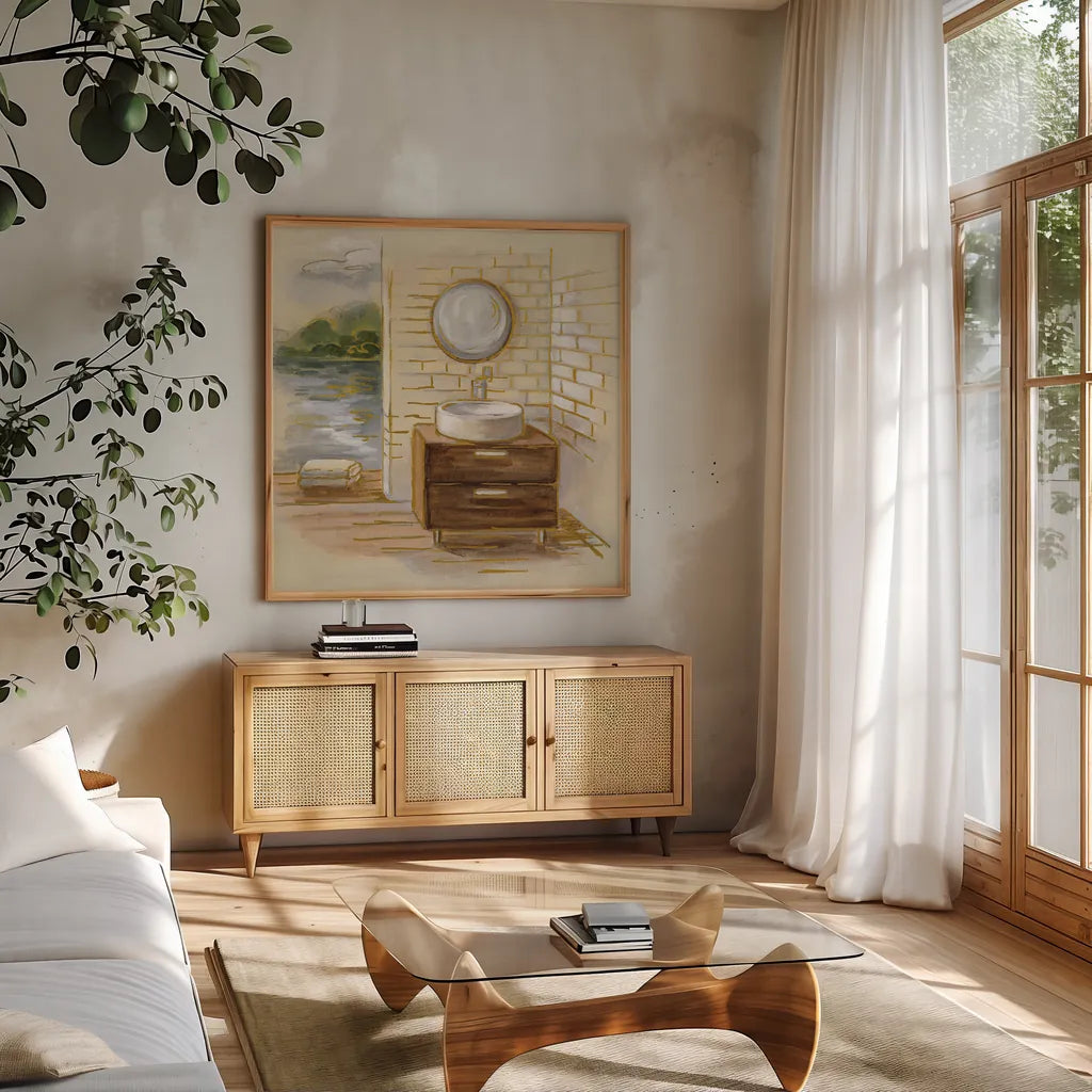 Spa by the Lake I by Silvia Vassileva. Shown in a natural wood frame in a cozy modern living room. Available as an archival giclee rolled canvas, fine art paper, or poster print. SKU 65832a.