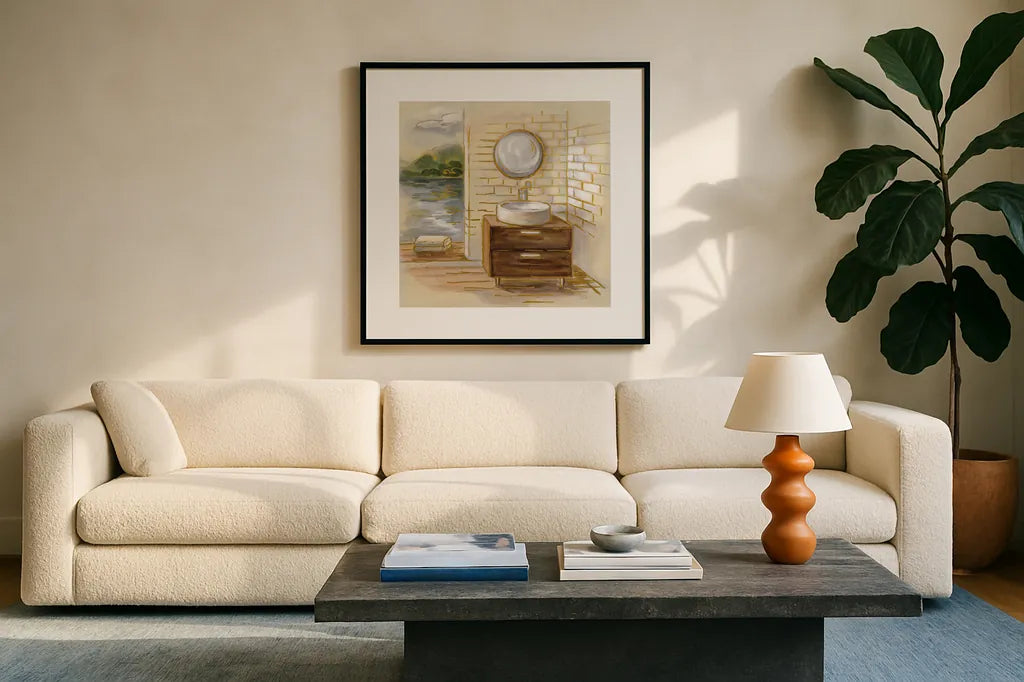 Spa by the Lake I by Silvia Vassileva. Displayed in a glass frame with matte in a clean modern living room. Available as an archival giclee rolled canvas, fine art paper, or poster print. SKU 65832a.